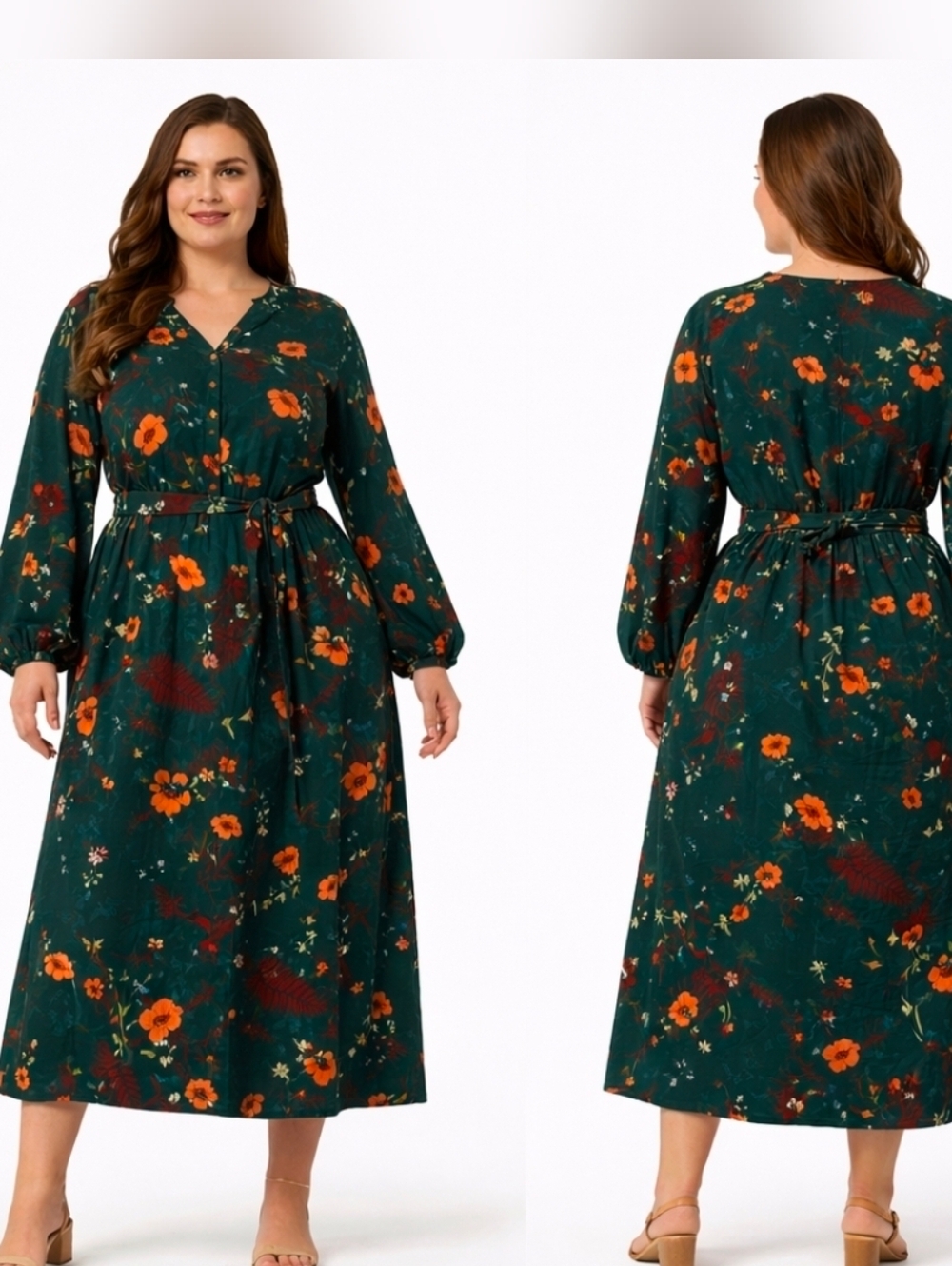 SHEIN Curve Green Floral Tie Waist Midi Dress 3XL